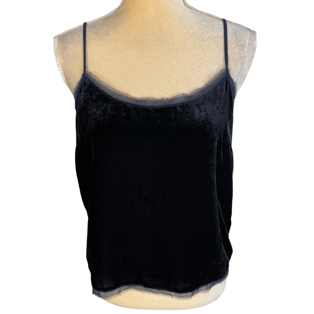 H&M Tank Top Womens Size 8 Navy Blue Velvet Ruffle Trim Spaghetti‎ Strap Elegant
